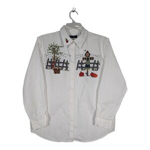 L Karen Scott Button Up Shirt Long Sleeve Fall Scarecrow Pumpkin White